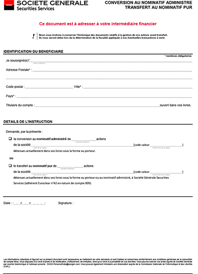 Formulaire Société Générale Securities Services "Conversion au nominatif administré - Transfert au nominatif pur"