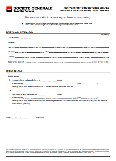 Société Générale Securities Services Form "Conversion to registered shares - Transfer on pure registered shares"